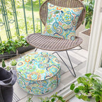 Inflatable Ottoman Stool D21 xH9 for Outdoor/Indoor Use, Water Repellent Patio Foot Rest Stool with Portable Handle,Round Pouf Ottoman Suitable for Garden,Deck and Camping - Flower Blue
