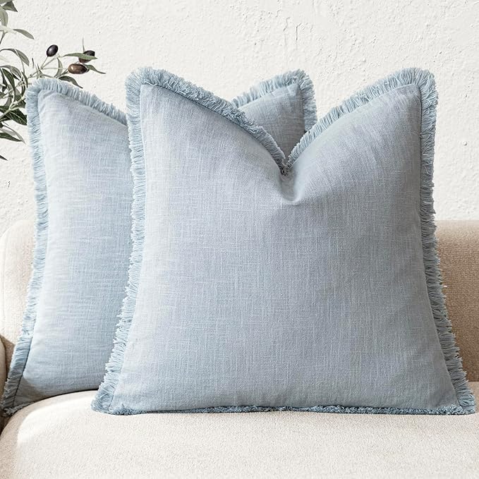 Foindtower Set of 2 Decorative Linen Fringe Throw Pillow Covers Boho Farmhouse Cushion Cover with Tassels Soft Accent Pillowcase for Couch Chair Sofa Bed Living Room Home Decor,20×20 Inch,Sky Blue