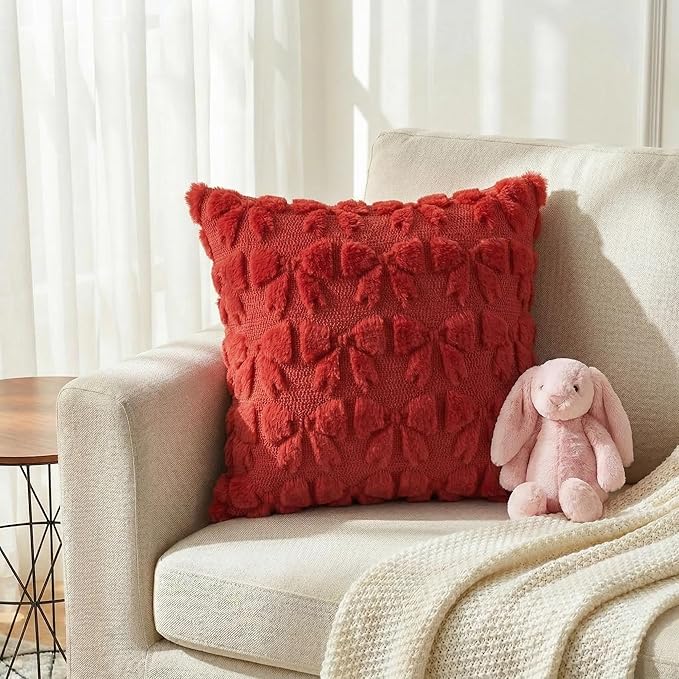 AVOIN colorlife Red Spring Bow Throw Pillow Covers Set of 2, 18 x 18 Inch Coquette Aesthetic Room Decor Soft Plush Faux Fur Cushion Case for Girls Room