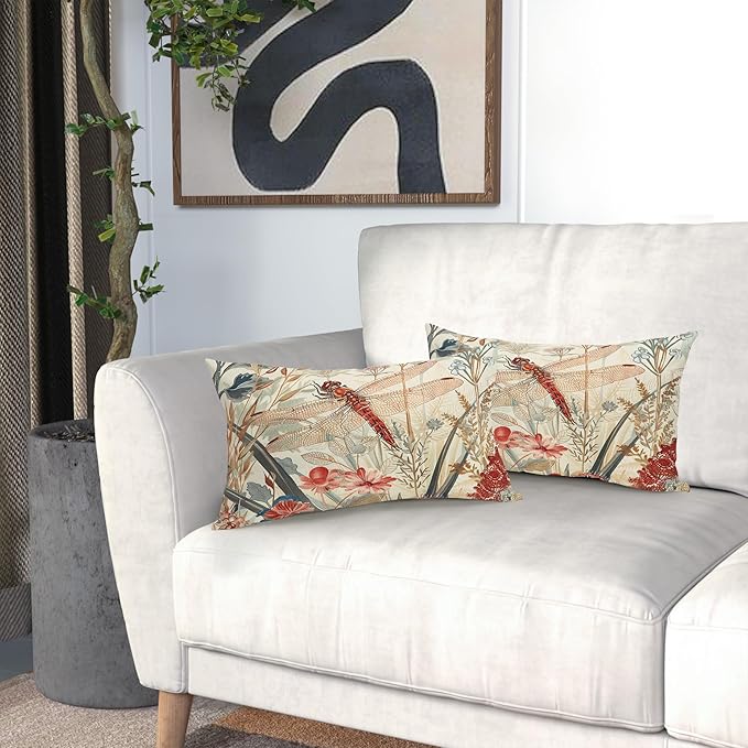 Kawani Summer Dragonfly Lumbar Pillow Covers 12X20 Inch Red Floral Flower Botanical Nature Decorative Pillow Cases Set of 2 Vintage Farmhouse Throw Pillows for Cushion Sofa Couch Outdoor