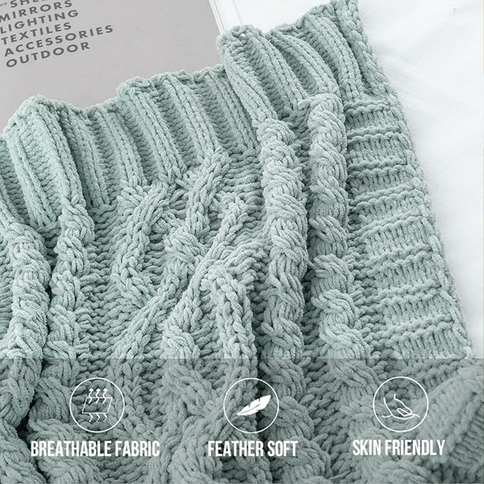 Battilo Sage Green Throw Blanket for Couch, 51"x67", Soft Cozy Chenille Throw Blanket, Knit Blanket Sage Throw, Decorative Boho Throw Blanket for Living Room