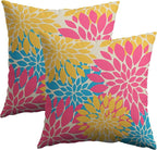 Summer Pillow Covers 16X16 Inch Set of 2, Hot Pink Blue Yellow Flowers Dahlia Floral Print Decorative Throw Pillow Covers Outdoor Farmhouse Cushion Case for Home Couch Sofa Bed Decoration