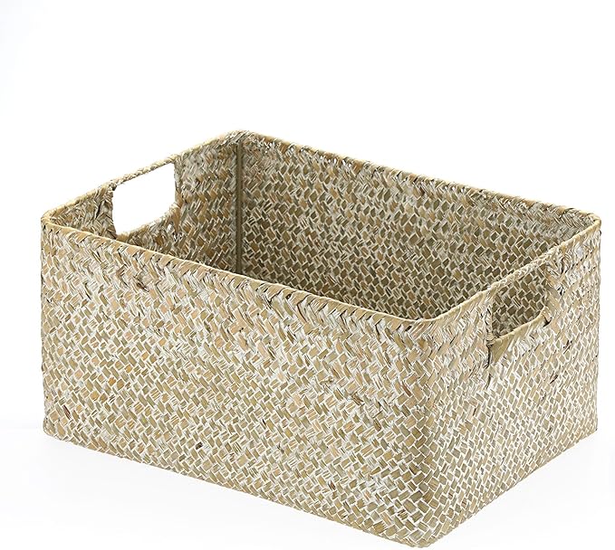 Hipiwe Seagrass Storage Basket Bin Rectangular Handwoven Wicker Storage Box with Handle Opened Baskets for Shelf Organizing Closet Bathroom, 13.3 x 9.8 x 6.7 Inch