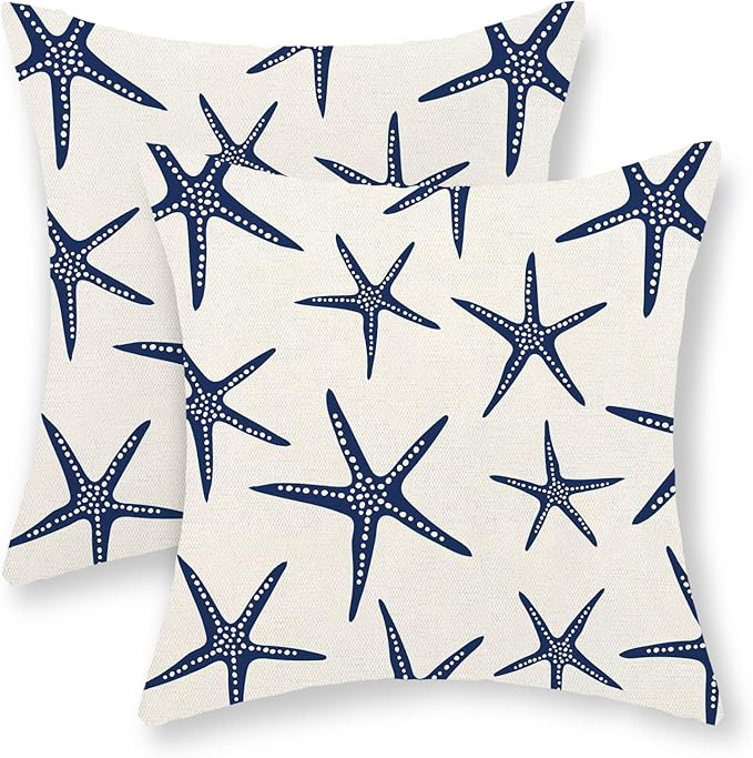 Navy Blue Starfish Pillow Covers 18x18 Inch Set of 2 Coastal Throw Pillows Spring Summer Nautical Ocean Theme Beach Decorative Pillow Cases Linen Outdoor Decor Cushion Case for Home Bedroom