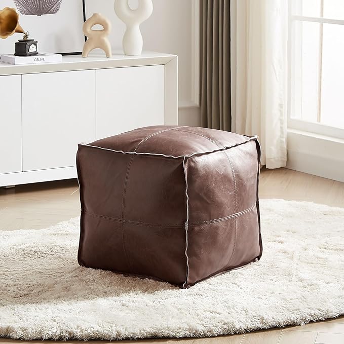 Louis Donné Unstuffed Ottoman Pouf Cover, Faux Leather Pouf Cover Foot Stool, 17.7" Square Small Bean Bag Footstool, Soft Ottoman FootRest with Storage for Living Rooms Bedrooms, Brown(ONLY Cover)