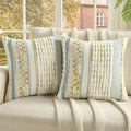 FUTEI Blue Light Green Yellow Accent Throw Pillow Covers Set of 2, 18x18 Inch Plush Tufted Striped Textured Decorative Cushion Cases for Farmhouse Boho Couch Decor