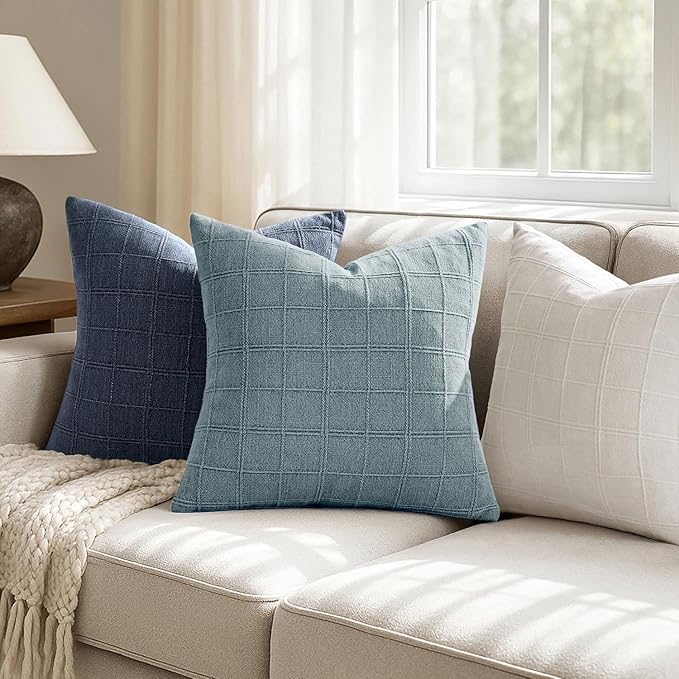 Woaboy Linen Check Throw Pillow Covers Blue Gray Farmhouse Modern Boho Vintage Coastal 18x18 Inch Set of 2 Decorative Cushion Covers for Sofa Couch Bedroom Living Room Home Decor