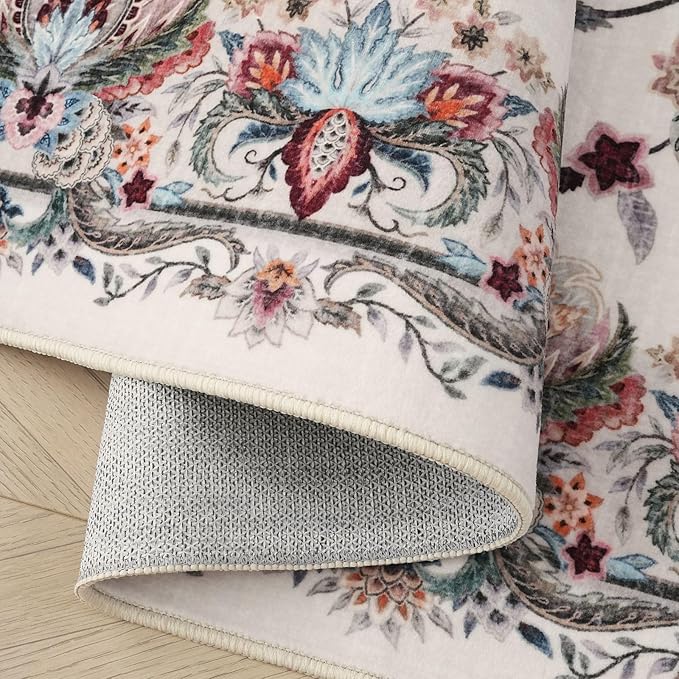 Rugcomf Vintage Paisley Round Rug 4ft - Machine Washable Area Rug, Non-Slip Low Pile Floral Carpet for Entryway, Living Room, Bedroom, Dining Room, Kids, Bathroom, Office - Beige