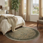 Vintage Round Rugs 6ft, Low Pile Thin Circle Area Rugs Washable Non Slip, Traditional Medallion Printed Circle Carpet for Bedroom Living Room Kitchen Dining Room, Multi Brown/Green
