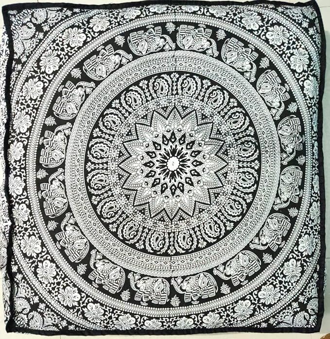 Black White Elephant Flower Mandala Mandala Barmeri Large Floor Pillow Cover Cushion Meditation Seating Ottoman Throw Cover Hippie Decorative Zipped Bohemian Pouf Ottoman Cases 24 " square