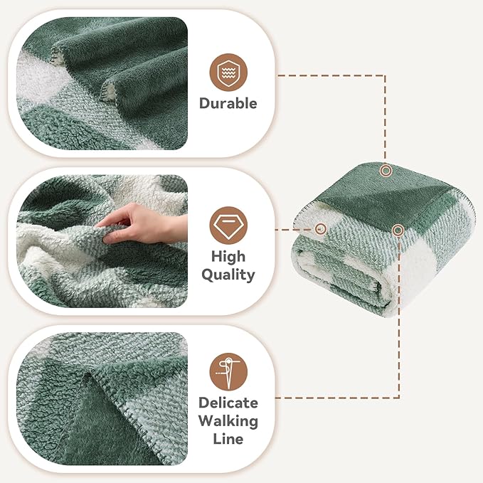 LURKA Checkered Sherpa Fleece Throw Blanket – Soft and Cozy, Medium Weight for All Season, Plush Throw for Couch, Bed, Dorm & Pets, Sage, 60x80 Inches