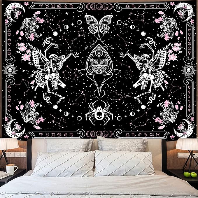 KJHL Skull Butterfly Floral Tapestry Black and White Gothic Skeleton Tapestry Wall Hanging Decor Pink Constellation Witchy Tapestries Aesthetic for Bedroom Living Room(59ʺ x 79ʺ)