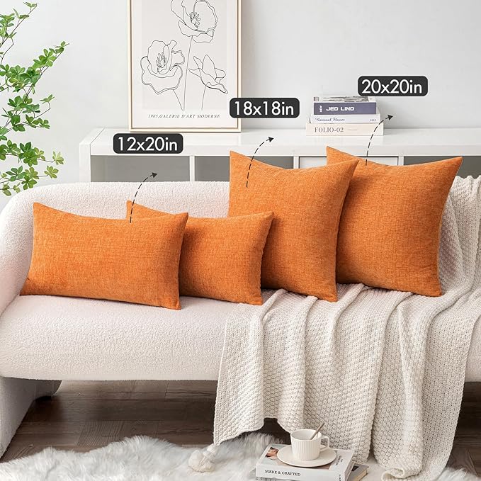 MIULEE Pack of 2 Orange Throw Pillow Covers 16x16 Inch Soft Chenille Pillow Covers for Sofa Living Room Couch Solid Dyed Cases