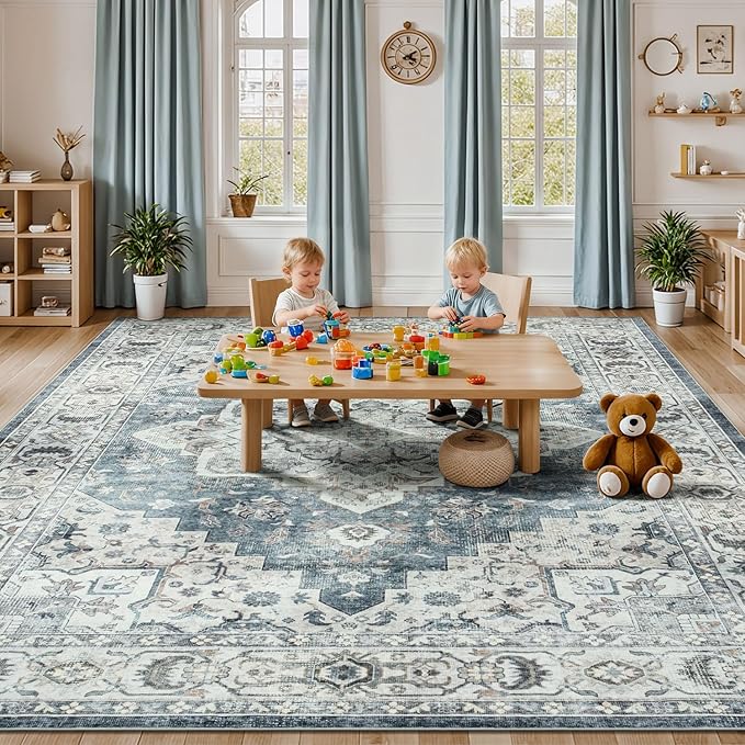 Lessymo Large Area Rugs for Living Room, Soft 6x9 Washable Rug for Bedroom Dining Room Nursery Room Farmhouse, Boho Non Slip Low Plie Carpet Vintage Floral Design, Blue Grey/Beige