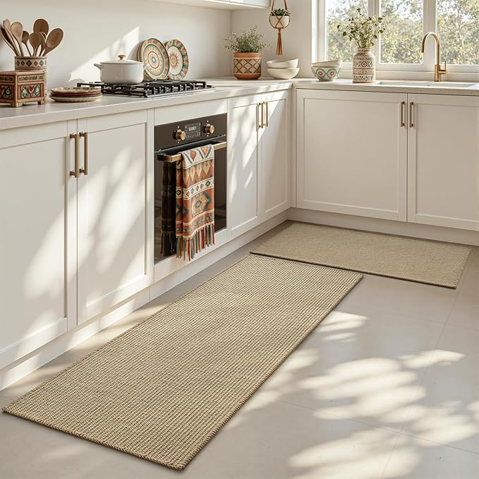 RESARE 100% Jute Kitchen Rugs Non Slip, 17"x32" Kitchen Mats for Floor, Farmhouse Kitchen Runner Rug with Latex Back, Boho Natural Woven Rugs Kitchen Floor Mat for Sink, Laundry, Entrance, Hallways