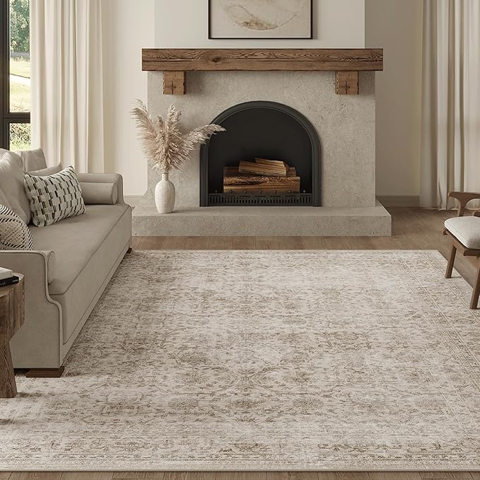 FMFUNCTEX 12x15 Washable Area Rug Beige Vintage Neutral Distressed Large Non Slip Carpet for Living Room Bedroom Soft Low Pile Indoor Mat Retro Floral Throw Rug for Dining Room Kitchen Office Nursery