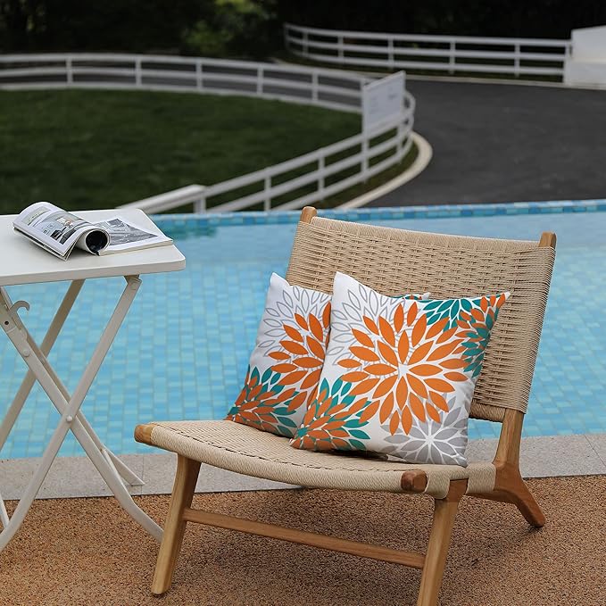 DFXSZ Orange Flower Pillow Covers 18x18 Inch Set of 2 Fall Throw Pillows Outdoor Waterproof Decor for Living Room Sofa Patio Funiture Garden Floral Polyester Pillow Covers 002N18