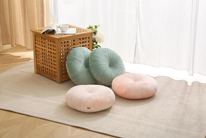 Floor Pillow Meditation Cushion Round Large Floor Pillows Seating for Adults, Velvet Thick Floor Cushions for Yoga Living Room Balcony Outdoor Tatami 18inch（Green）
