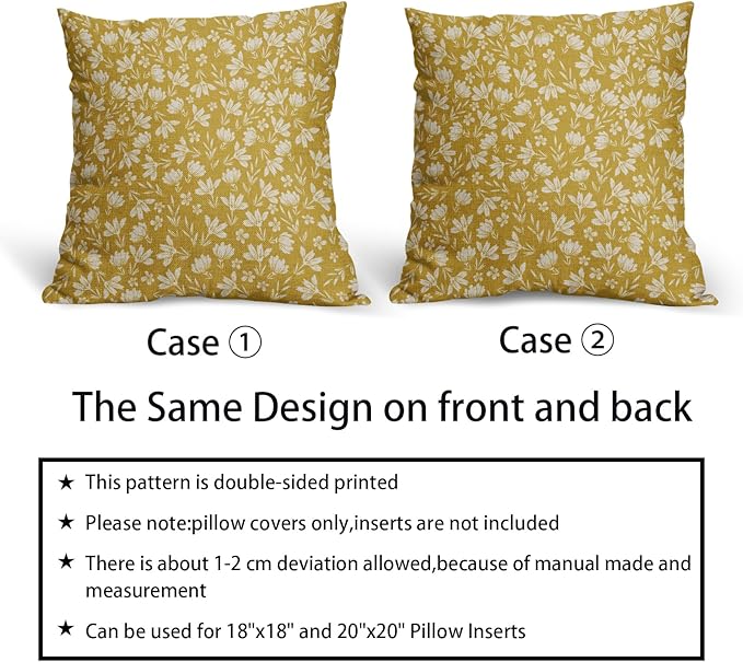 Yellow Pillow Covers 20x20 Set of 2 Vintage Floral Rustic Old Style Cute Flower Print Decorative Outdoor Pillowcases Seasonal Farmhouse Throw Cushion Case Decor for Couch Sofa Bed