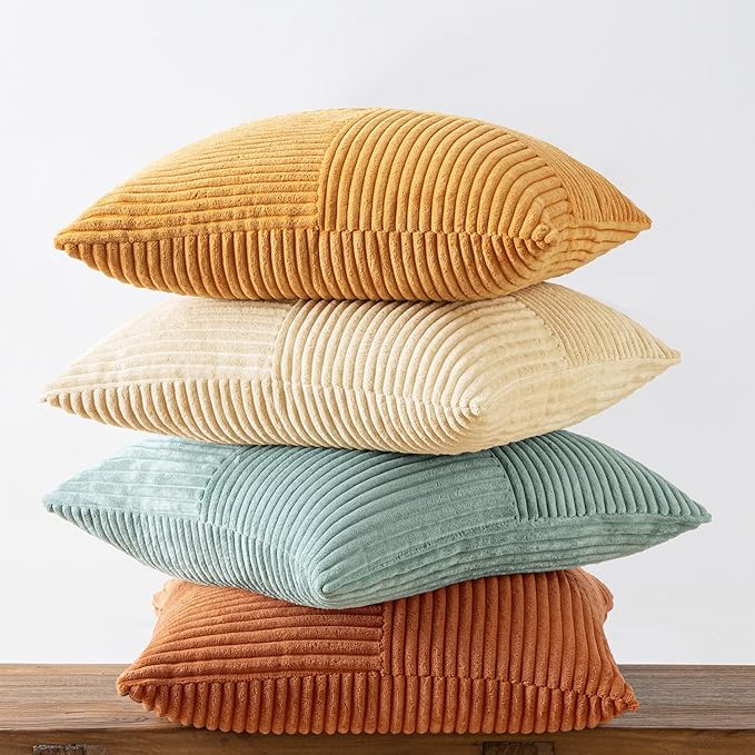 MIULEE Boho Farmhouse Decorative Throw Pillow Covers 20x20 Inch 4 Packs Soft Vintage Pillow Cases Modern Corduroy Patchwork Cushion Covers for Couch Sofa Bed Home Decor, Teal-Rust