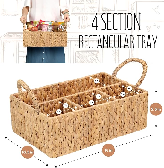Divided Hyacinth Baskets with Handles, Storage Basket Natural for Organizing Bathroom Kitchen Shelves Office Supplies Organization, Wicker Storage Baskets 4 Section Rectangular Tray