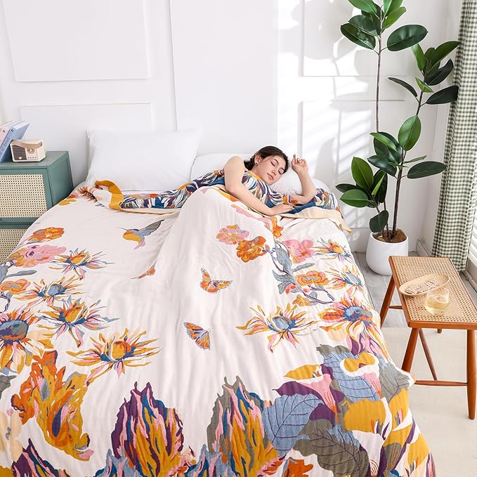 Snycler Boho Throw Blanket for Bed - 100% Cotton Ultra Soft Rustic Quilt - Watercolour Floral Printed Farmhouse Decor Bed Fall Blankets, 60"×80" All Season Rustic Throw for Sofa Couch Chair