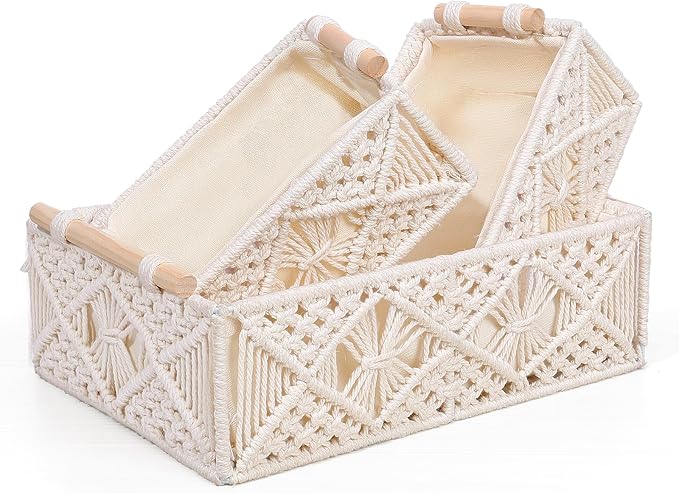 ANMINY 3PCS Macrame Storage Baskets for Organizing Boho Decor Baskets Storage Bins with Wood Handles Handmade Decorative Storage Boxes with Removable Liner Toilet Tank Bathroom Self Basket Organizer