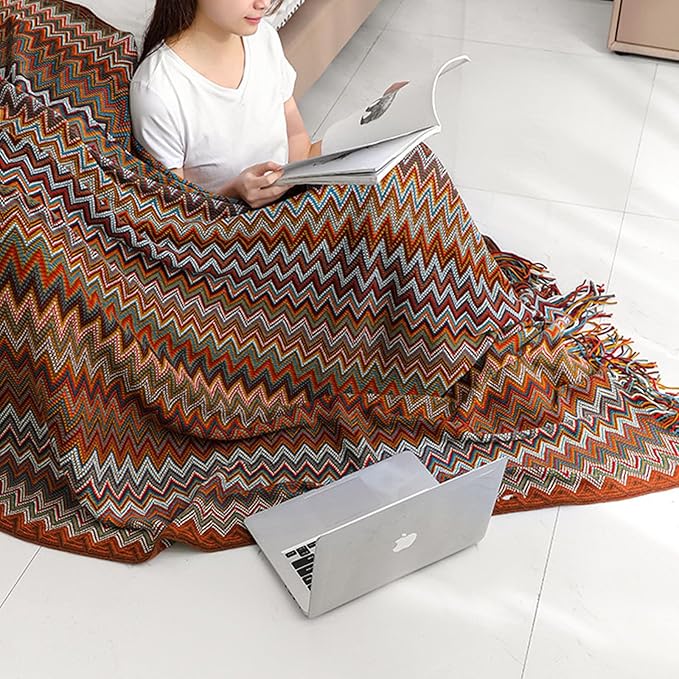 Bohemian Boho Throw Blankets, Knitted with Tassel, Outdoor Reversible Soft Cozy Lightweight Throw Blankets, Couch Bed Sofa Decorative Afghan Throw Blanket All Seasons Red 50x60 inches