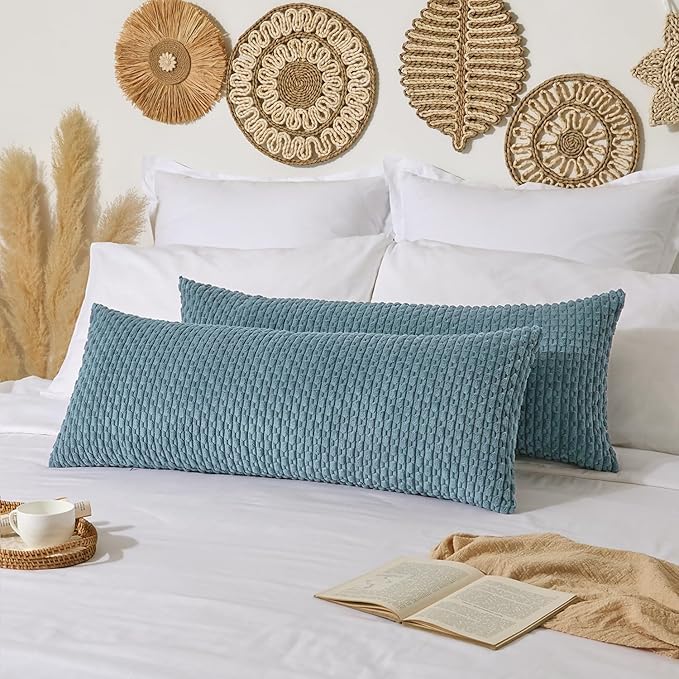 Kevin Textile 20x54 Inch Long Body Lumbar 1 Pack Boho Decorative Throw Pillow Cover Soft Striped Corduroy Rectangle Cushion Case Farmhouse Accent for Living Room Couch Sofa Bed, Blue Grey