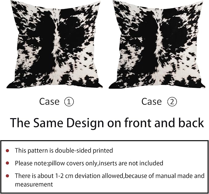 Cowhide Print Pillow Covers 16X16 Inch Black White Cow Spots Decorative Square Pillow Cases Set of 2 Farmhouse Western Home Decor Cotton Linen Throw Pillows For Bedroom Sofa Couch Porch Outdoor