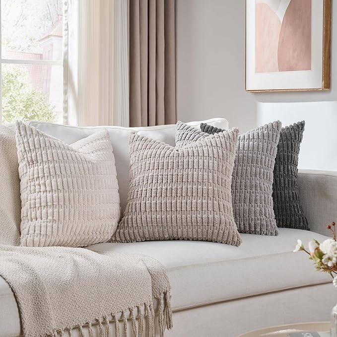 Fancy Homi Set of 4 Grey and White Boho Decorative Throw Pillow Covers 24x24 Inch for Couch Bed Sofa, Aesthetic Modern Bohemian Room Decor, Soft Fuzzy Fluffy Cozy Corduroy Cushion Case 60x60cm
