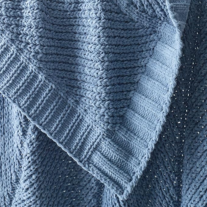 Amélie Home Chevron Chenille Knit Throw Blanket for Couch Bed, Classic Texture Decorative Soft Blanket for Sofa, Chair & Bedroom, 50"x60", Blue