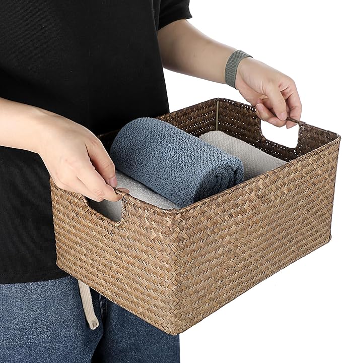 Hipiwe Seagrass Storage Baskets Bin for Shelf Organizing Rectangular Wicker Basket with Handle Handwoven Opened Baskets Bin Decorative Basket Box for Closet Bedroom Organizer