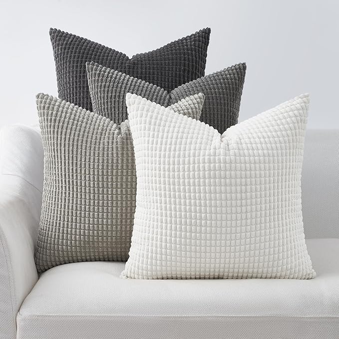 Topfinel 4 Packs Grey Decorative Throw Pillow Covers 24x24 Inch for Living Room Couch Bed Sofa, Boho Western Farmhouse Home Decor, Square Soft Moss Corduroy Fall Cushion Case 60x60 cm