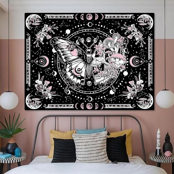 Skeleton Butterfly Tapestry Pink Skull Hippie Mushroom Plants Tapestry for Bedroom Moon phase Aesthetic Tapestries Wall Hanging for Living Room Dorm (Pink, 90” x 68”)