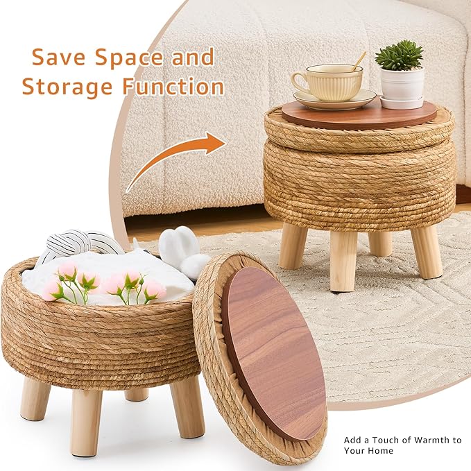 Cpintltr Storage Ottoman Poufs Handwoven Footstool Natural Seagrass Round Footrest Stool with 4 Wood Legs Soft Padded Outdoor Seat for Hallway Lounge Bedroom Garden