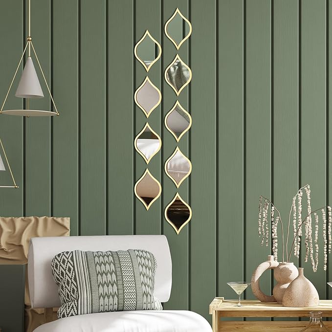 Tanlade 9 Pcs Wall Mirrors Decorative Teardrop Gold Mirror Decor Acrylic Wall Mounted Decorations Art Boho Vintage Farmhouse Gifts for Living Room Bedroom Bathroom Vanity Entryway 9.8 x 6.7 Inch