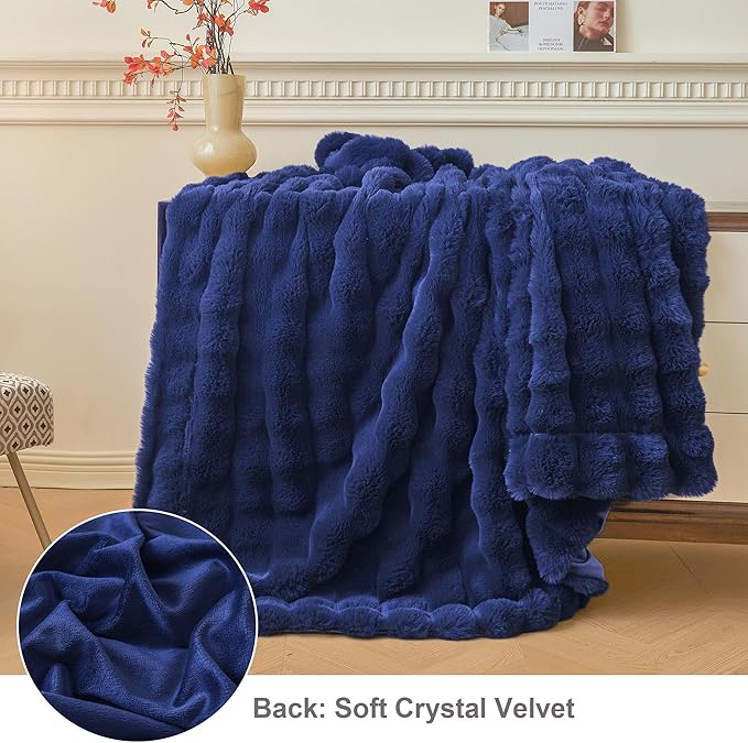 LIFEREVO Fluffy Faux Rabbit Fur Bubble Throw, Plush Shaggy Blanket for Couch Sofa Chair, Soft Cute Royal Furry Blanket Adults Kids Teens Girls, Fuzzy Throw for Bedroom Living Room, 50x60, Navy Blue