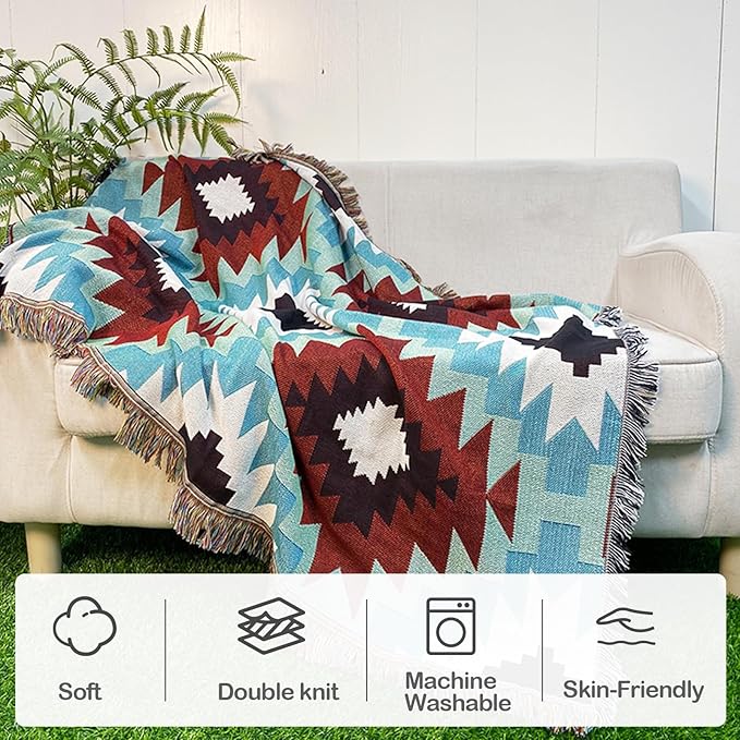 Snycler Boho Throw Blanket for Bed 50 * 60inch Woven Blanket Cotton Polyester Farmhouse Decor for Indoor Outdoor Sofa Bedroom Garden，All Season(Green)