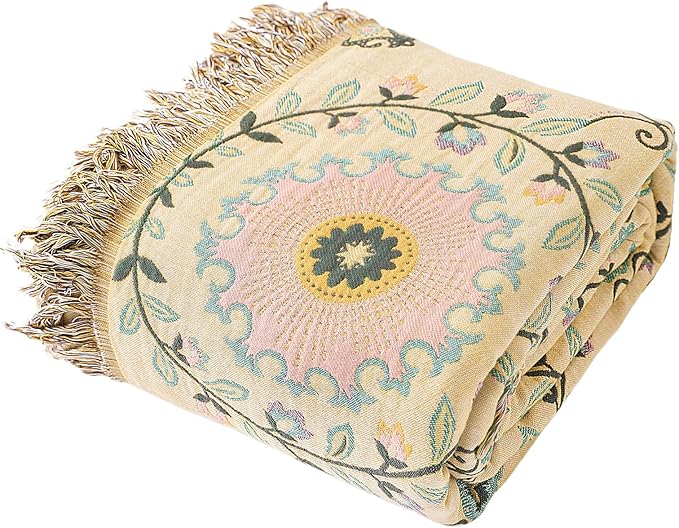 Snycler Boho Throw Blanket 91"x98" - 100% Cotton Ultra Soft Rustic Quilt, Green Floral Printed Farmhouse Decor for Bed, Sofa, Couch, Chair - All Season Cozy Blanket