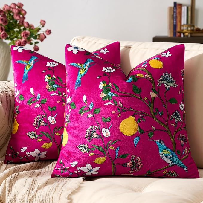 MUSSEL Hot Pink Floral Pillow Covers 12x20 Set of 2, Velvet Wild Flower Plant Throw Pillows Case, Square Farmhouse Decor Cushion Covers for Home Sofa Bed Couch