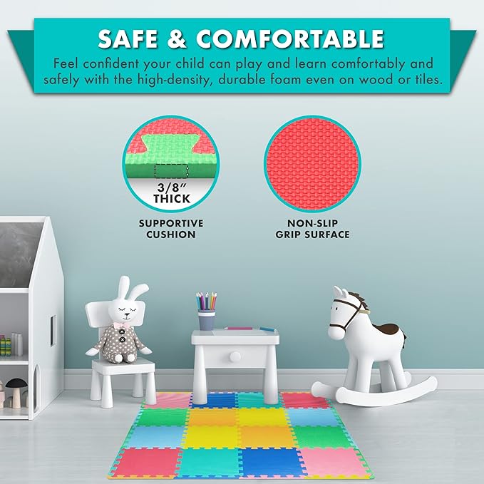 ProSource Foam Puzzle Floor Play Mat for Kids and Babies with Solid Colors, 36 or 16 Interlocking Tiles with Borders, Assorted