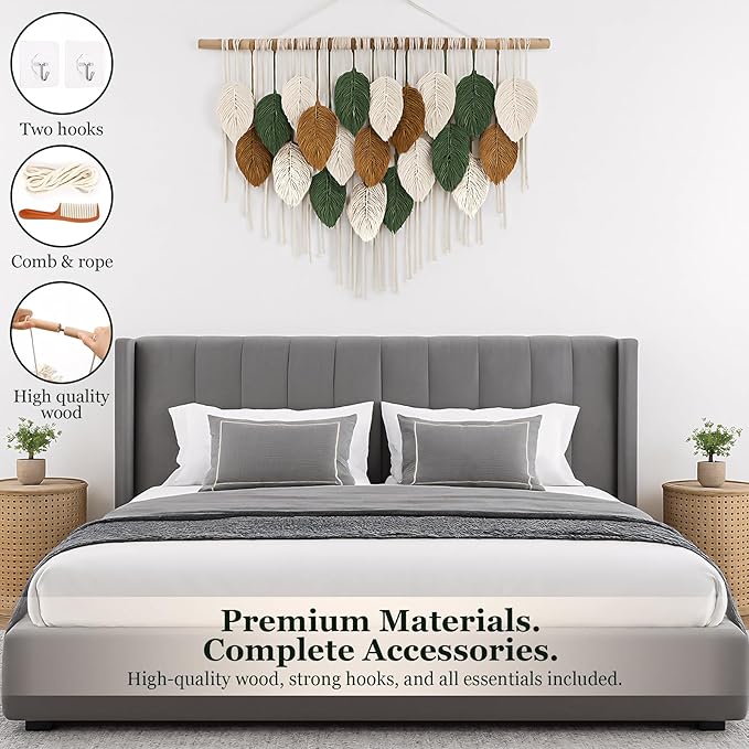 KORSIV Large Macrame Wall Hanging Boho Woven Tapestry, Modern Bohemian Handmade Leaf Feather Wall Art Decorations for Apartment Dorm Living Room Bedroom Nursery Backdrop, Chic Home Decor