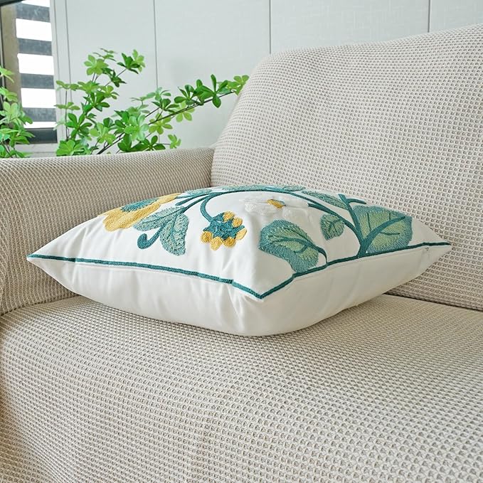 vctops Floral Embroidered Pillow Covers 18x18 Inch Spring Summer Cotton Tufted Throw Pillow Cover Outdoor Garden Cushion Case for Sofa, Bed, Living Room (Flower H,18"x18")