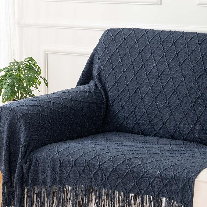 BATTILO HOME Navy Blue Throw Blanket with Fringe, Geometric Bed Blue Throws, Spring Decorative Large Throw for Couch Sofa Indoor Outdoor, 52"x80"