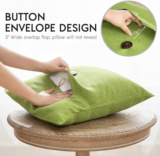 Phantoscope Pack of 2 Throw Pillow Covers Premium Coconut Button Vintage Linen Solid Decorative Pillow Cover for Couch Bed and Chair Yellow Green 18 x 18 inches 45 x 45 cm