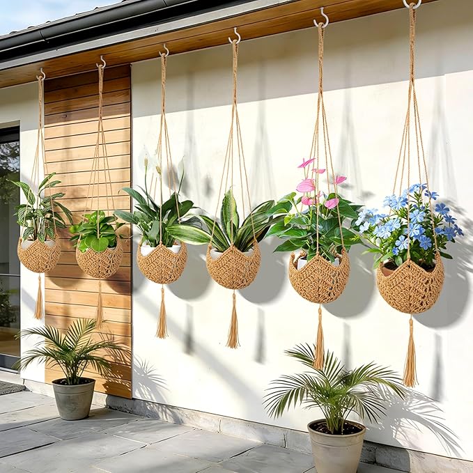 6 Pack Hand-Woven Macrame Plant Hanger - Hanging Plant Holder with 12 Hooks for Indoor Green Plant Hanging and Bohemian Style Home Decor (Brown)