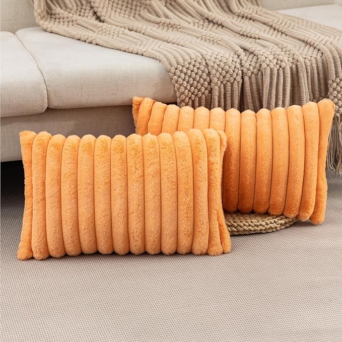 ZLINA Set of 2 Orange Faux Fur Decorative Throw Pillow Covers Fluffy Striped Pillowcase Cushion Covers 12 x 20 Inch Decor Sofa Couch Bedroom
