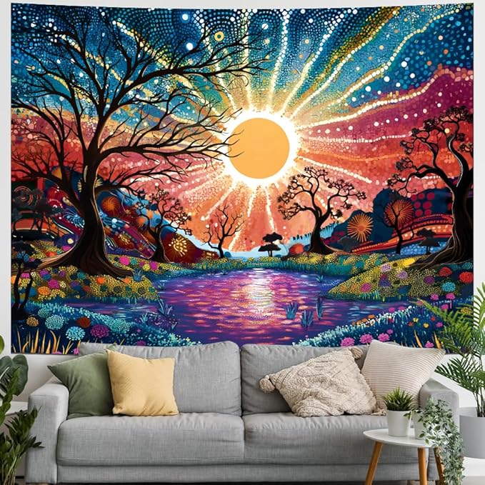 Serborlur Tree of Life Tapestry Trippy Sun Forest Tapestries Colorful Starry Sky Tapestries Hippie Nature Landscape Tapestry Wall Hanging for Living Room Bedroom (39.4" x 52.4")