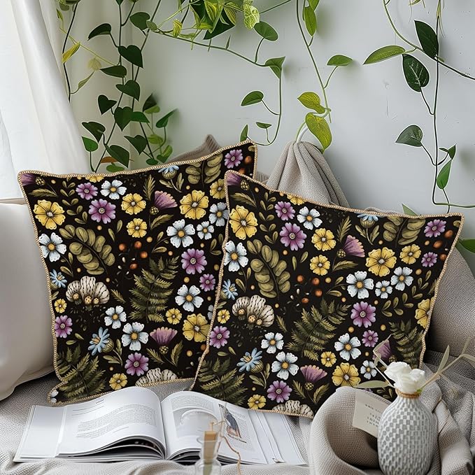 Blue Yellow Purple Floral Soft Velvet Throw Pillow Covers Set of 2 Plant Botanical Flowers Decorative Pillow Covers 20x20 In Vintage Black Pillow Case For Sofa Couch Living Room Farmhouse Home Decor
